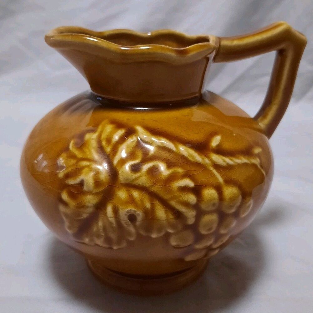 Vintage Japan Drip Glaze Pitcher Brown Grapes Ceramic Creamer Mini Jug 4.5” MCM